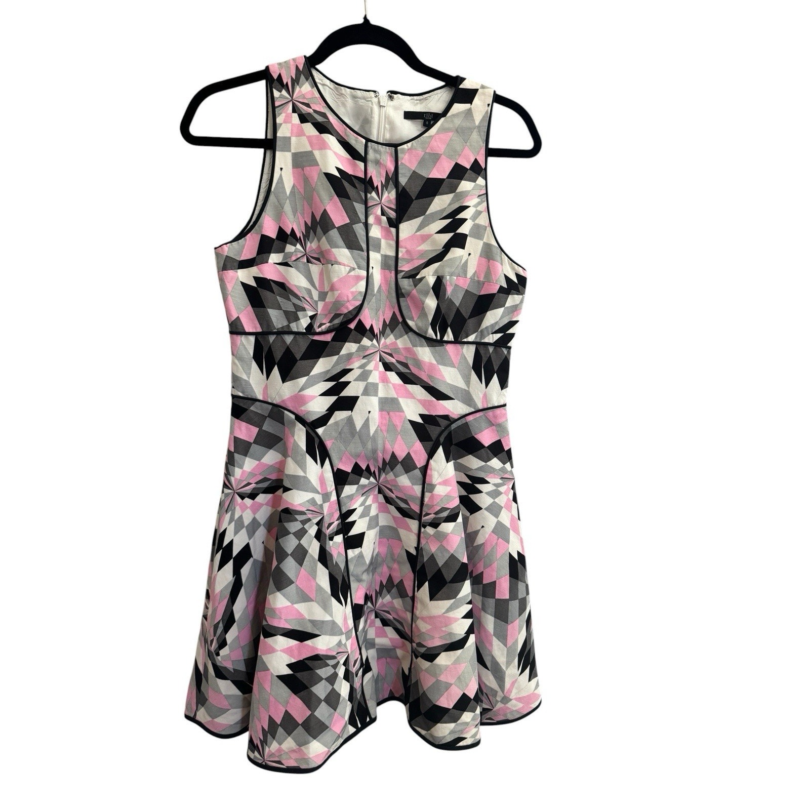 Tibi Black Pink Gray Geometric Fit And Flare Silk Linen Dress Size 6 #7035